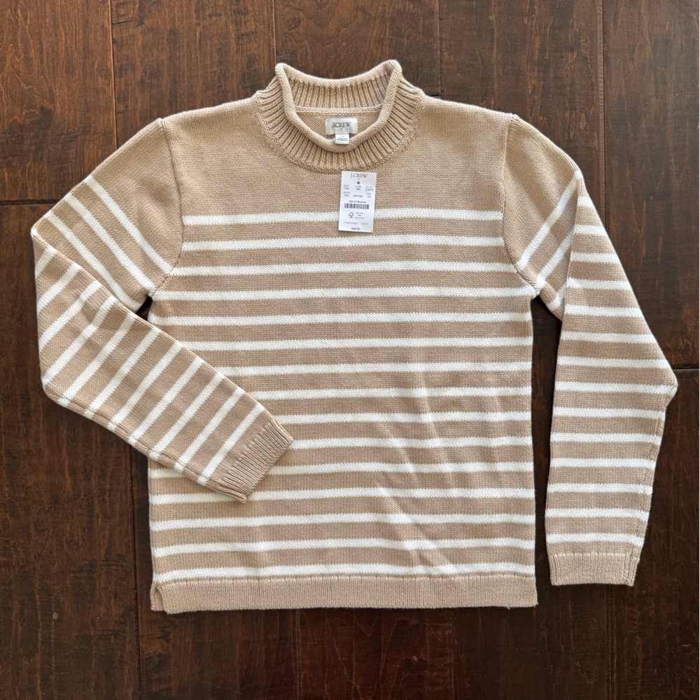 NWT J. Crew Factory Women’s XS Striped Classic Mockneck Sweater Tan/White - Picture 2 of 4